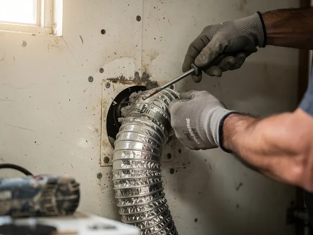 Ridgefield Dryer Vent Cleaning technician performing precise dryer vent hose installation in Ridgefield